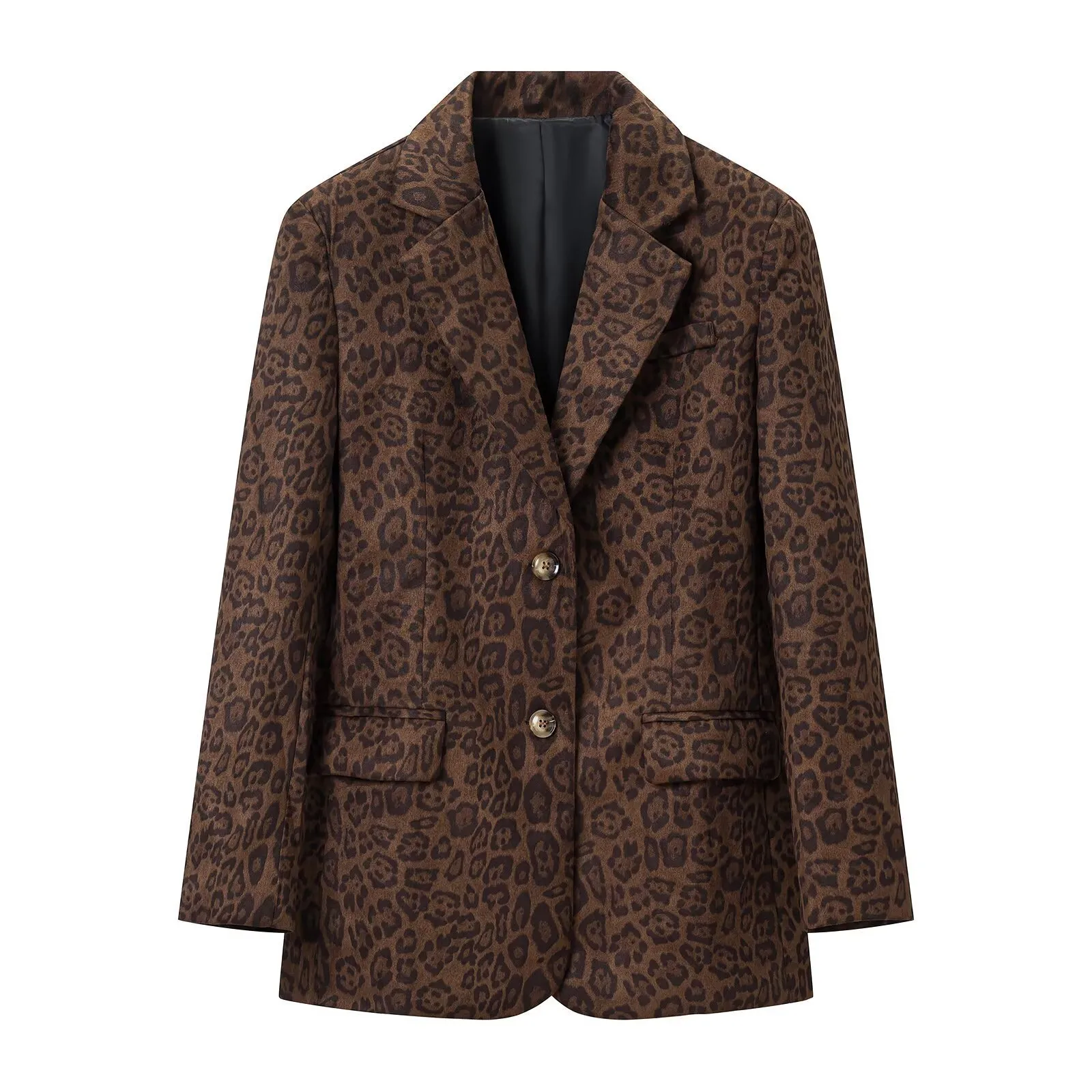 Vintage Style Leopard Print Long Sleeve Polyester Blazer with Patchwork and Lapel Collar