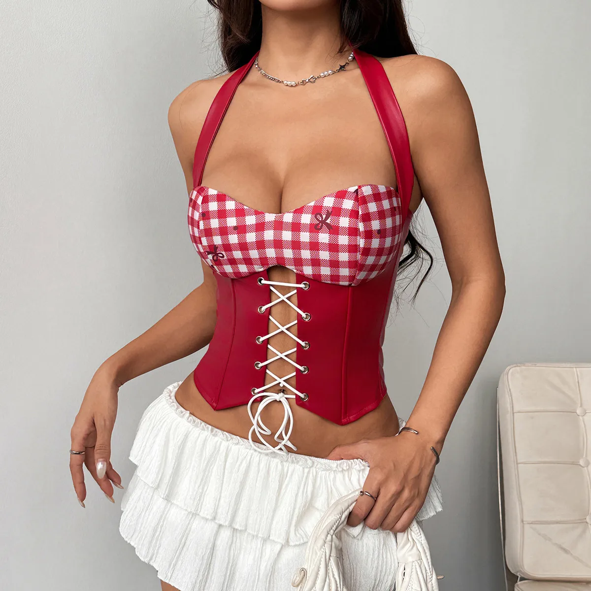 Vintage Style Plaid Polyester Corset with Tie Closure and Halter Neck Small Vest