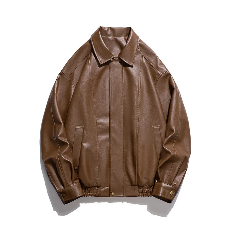 Men's Loose Fit PU Leather Jacket with Zipper and Lapel Collar