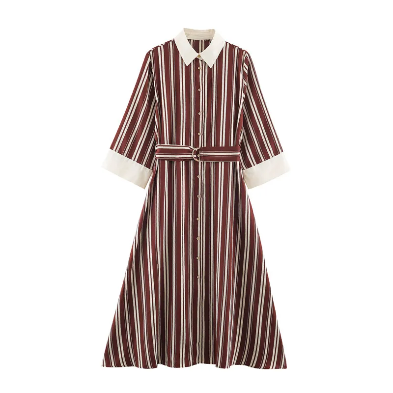 Casual Stripe Regular Dress with Long Sleeve and Shirt Collar, made of Polyester fabric