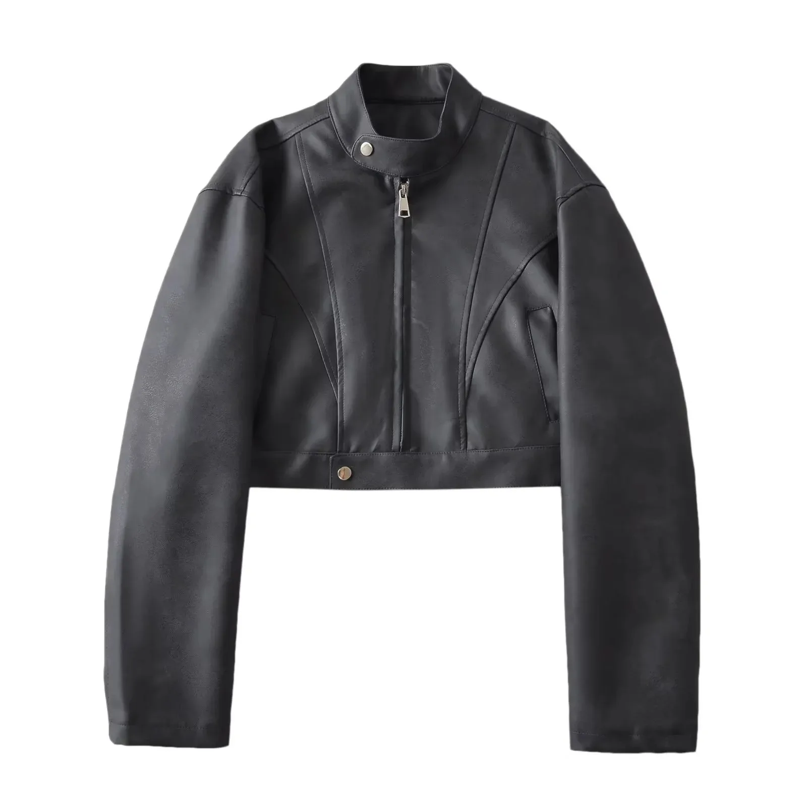 Streetwear Women's Leather Jacket with Zipper Placket and Standing Collar, Washed Polyester Fabric