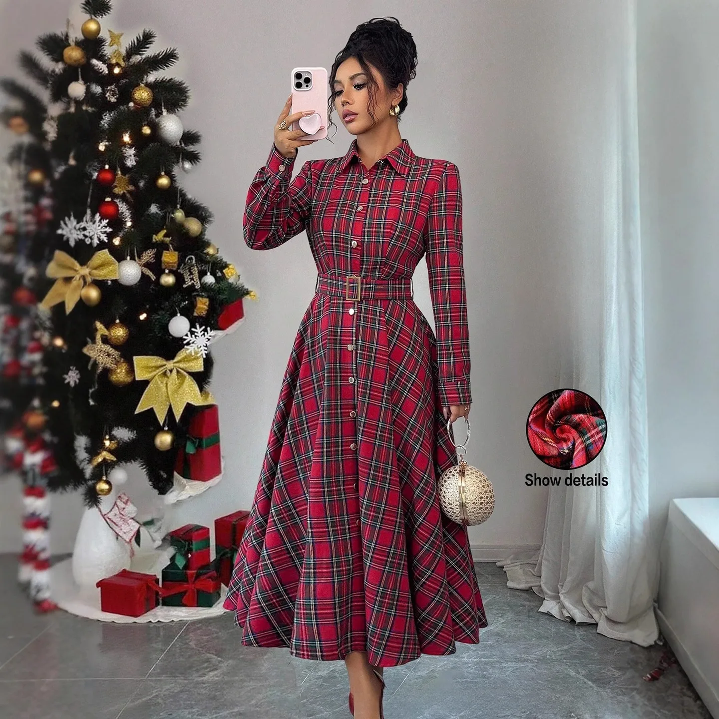 Vintage Style Plaid Long Sleeve V Neck Casual Regular Dress in Polyester Fabric