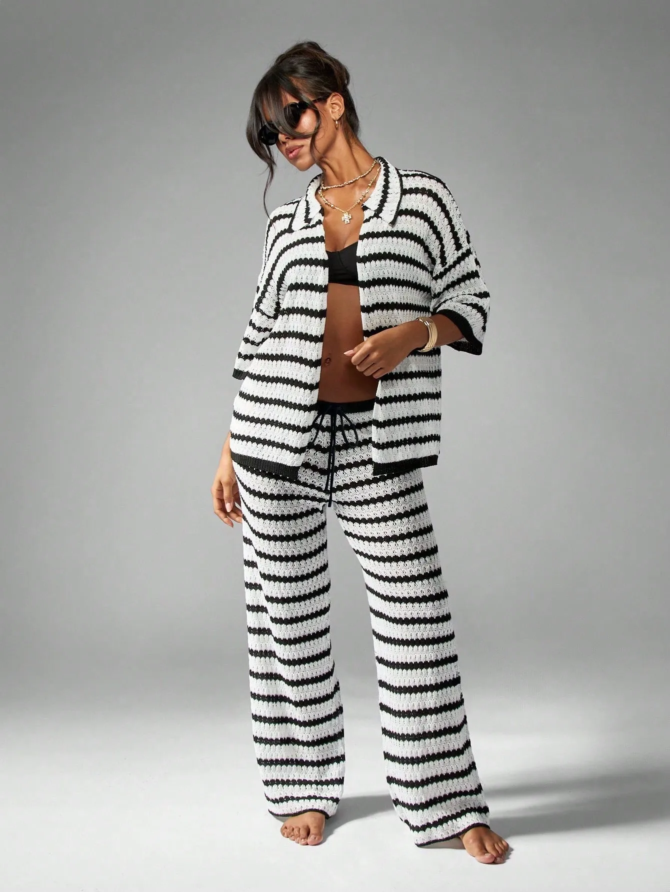 Vacation Stripe Casual Pants Pant Co-ord Set in Knitted Fabric with Hollow Out Craft for Street Style