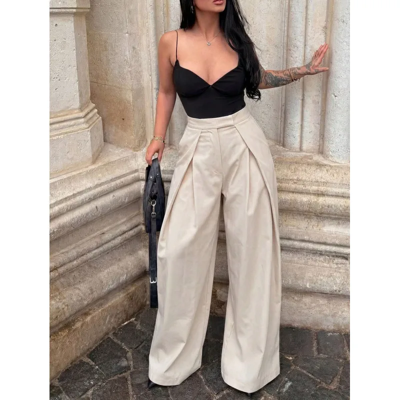 Casual Wide Leg Full Length Pants with Draped Design in Polyester Fabric for Everyday Comfort