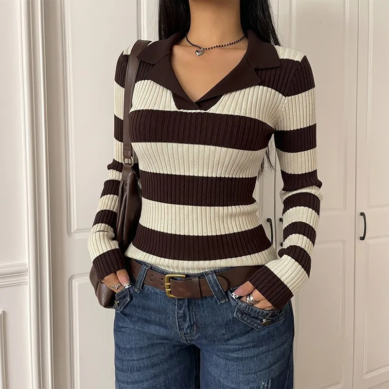 Vintage Style Stripe Sweater with Long Sleeves, Knitted Cotton Pullover