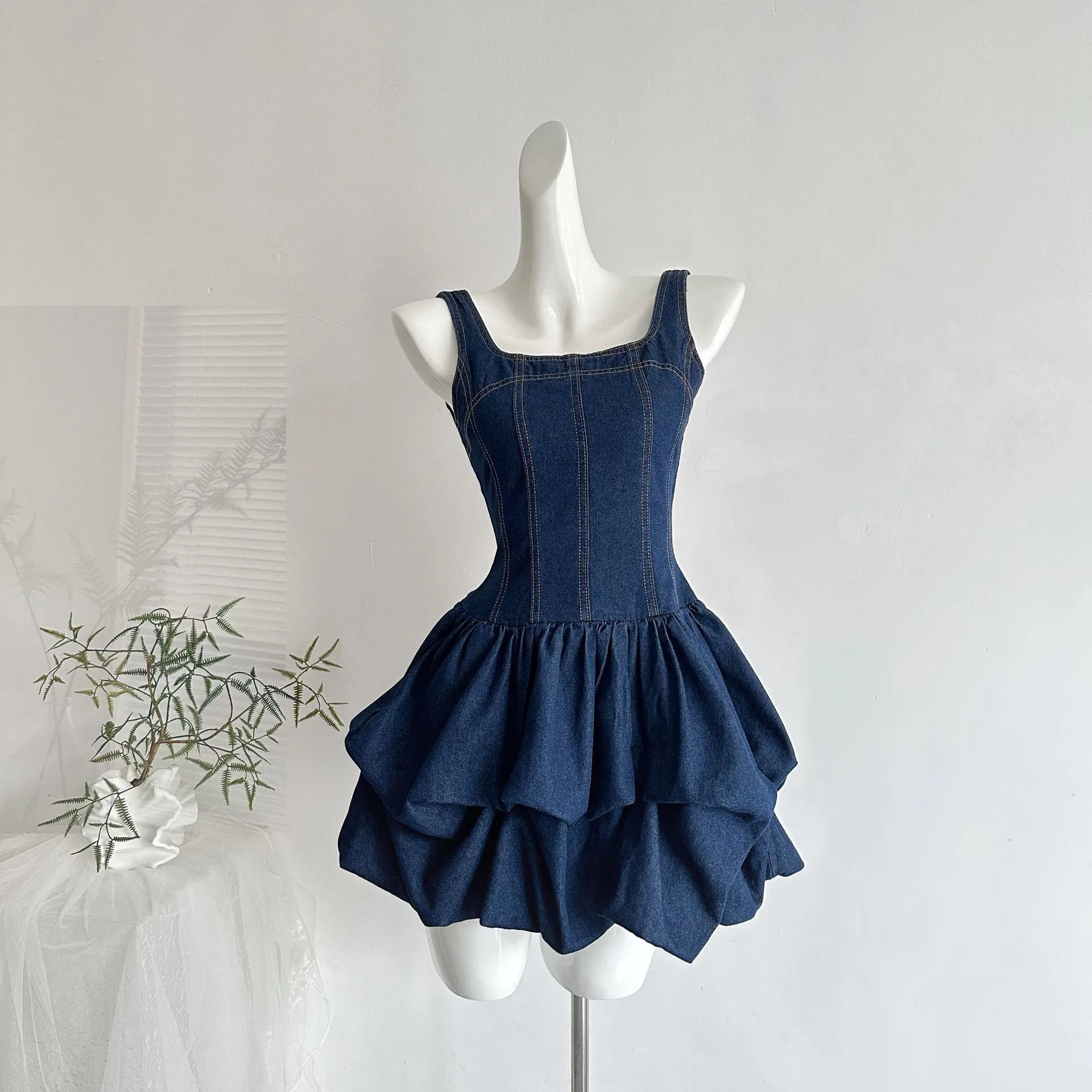 Solid Color Denim Dress Sleeveless Collarless Casual Above Knee Length