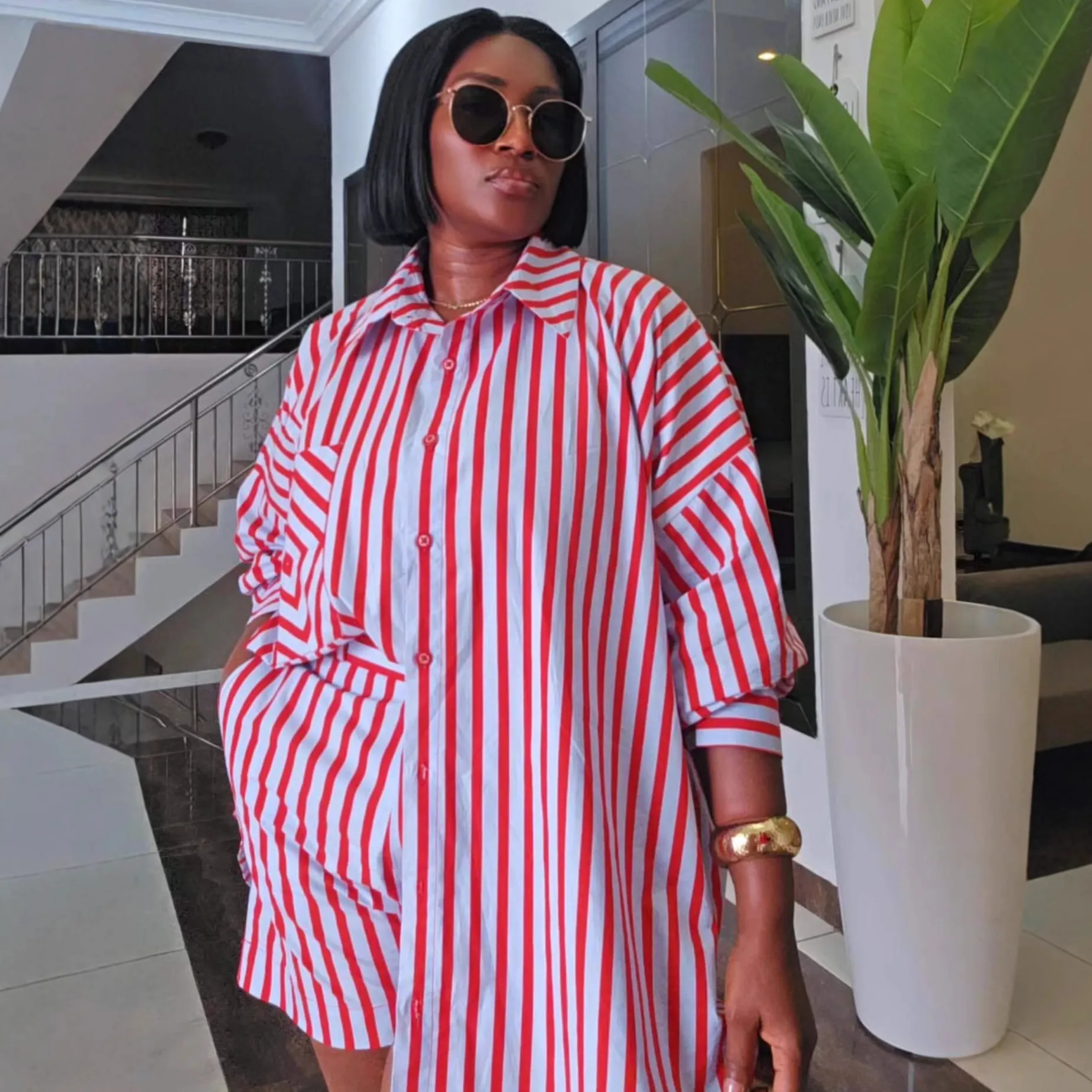 Stripe Polyester Casual Streetwear Pant Co-ord Set Featuring Backless Design with Long Sleeve Shorts