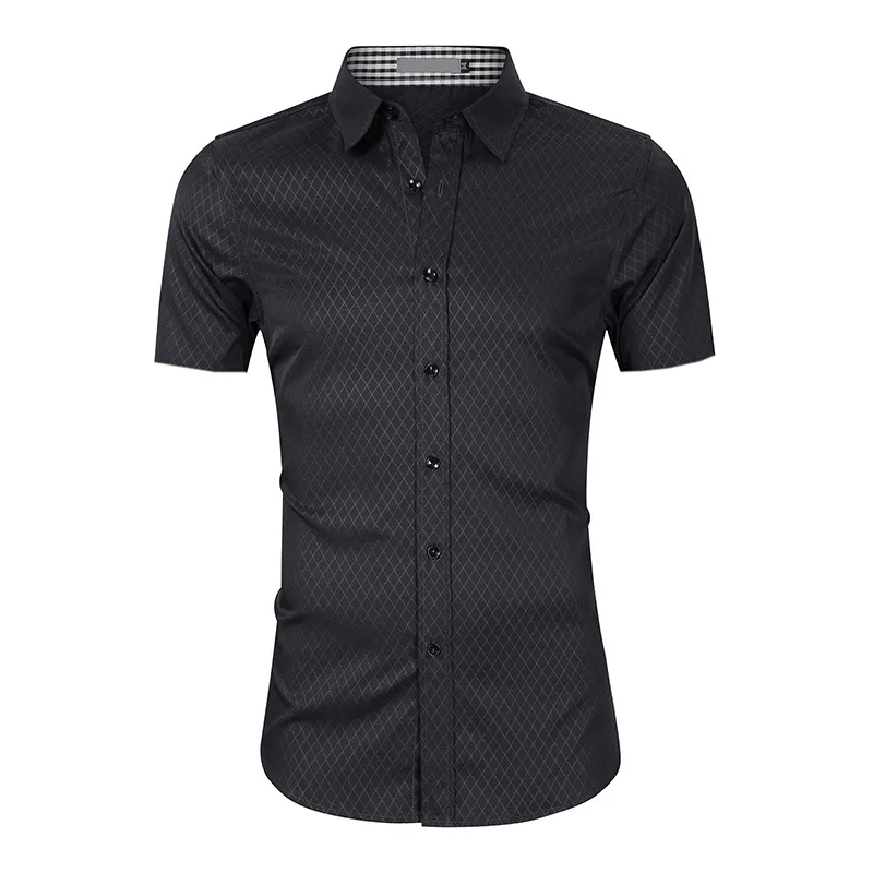 Plaid Business Short Sleeve Men's Shirt in Polyester Fabric with Lapel Collar and Placket