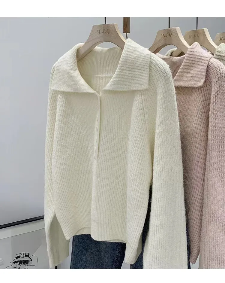 Loose Solid Color Long Sleeve Polyester Women's Pullover Sweater with Button Detail