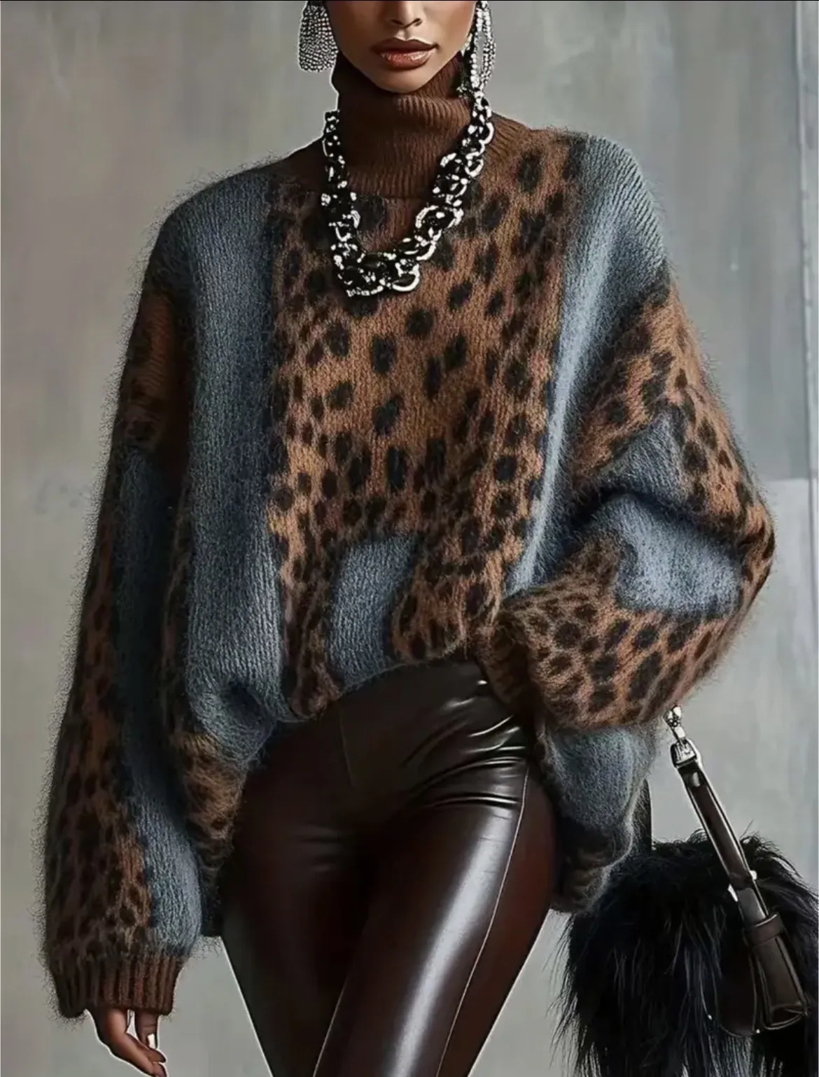 Leopard Print Casual Sweater with Long Sleeves, Knitted Acrylic Fabric Pullover