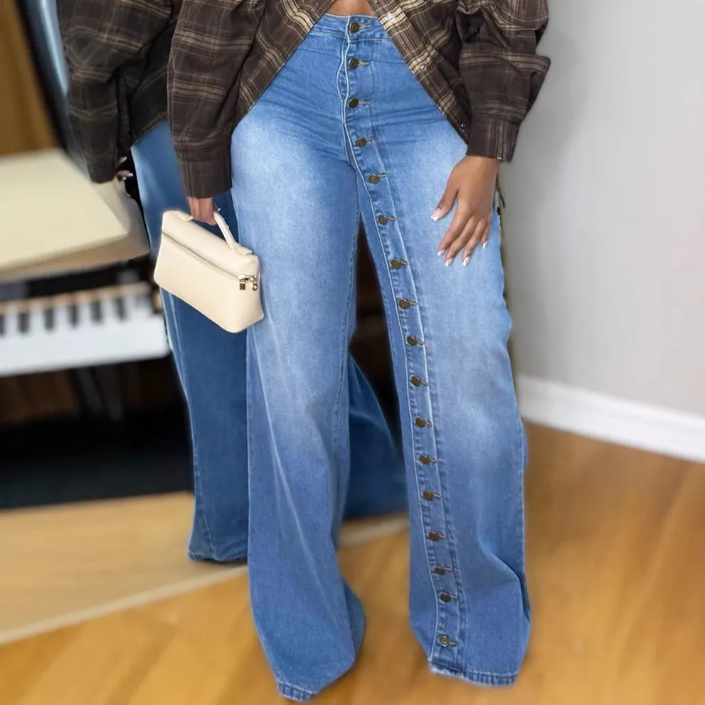 Women's Full Length Denim Cotton Jeans in Streetwear Style with Washed Craft, Inelastic Fabric for Spring