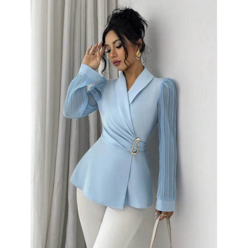 Elegant Solid Color Polyester Blazer with Long Sleeves, Metal Craft, and Single Breasted Design