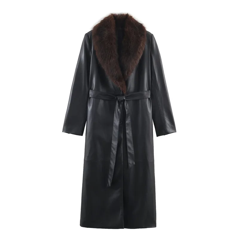 Elegant Women's Leather Jacket Coat with Tie Placket and Pocket, Featuring PU Fabric and Lapel Collar