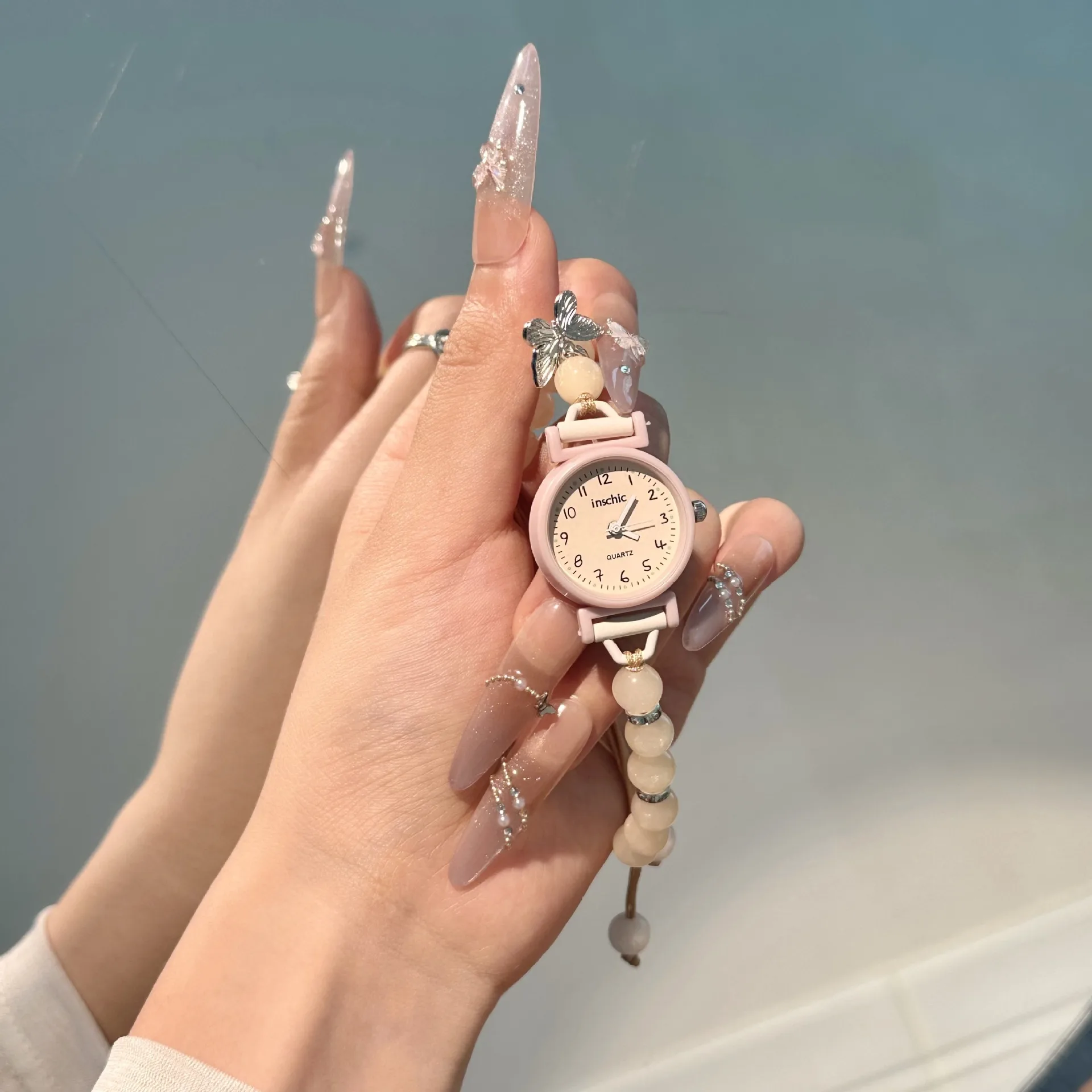 Sweet Natural Pink Butterfly Beaded Bracelet for Women in Alloy Material