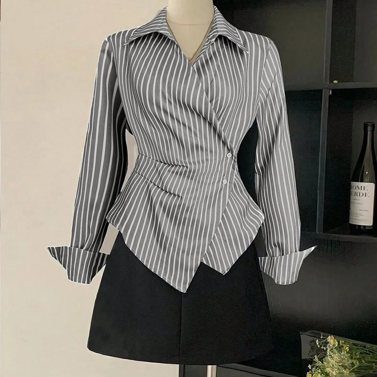 Stripe Long Sleeve Polyester Shirt for Women with Lapel Collar and Single Breasted Closure