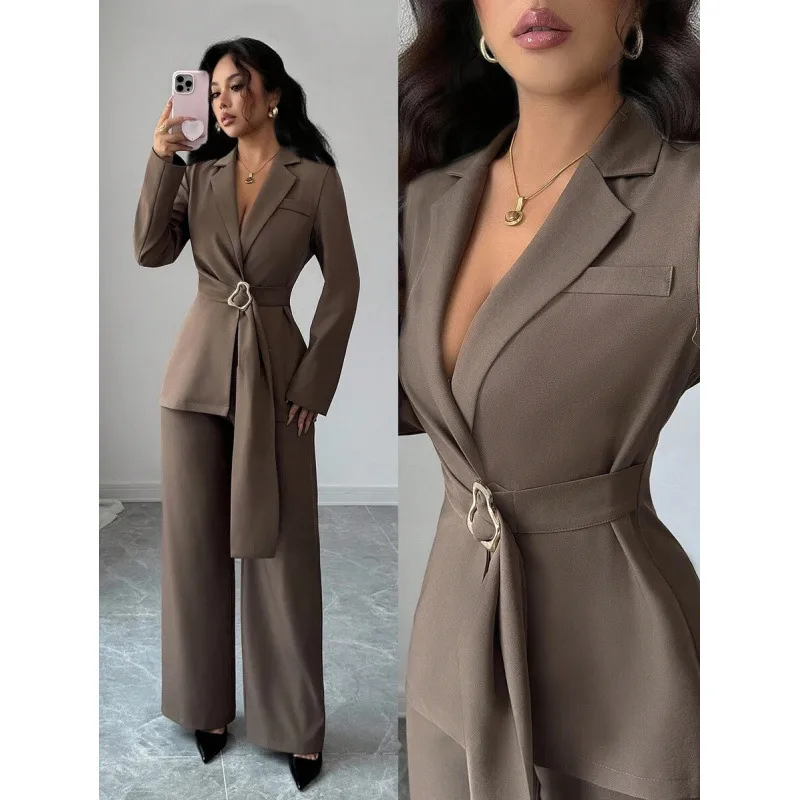 Elegant Wide Leg Pants Co-ord Set in Solid Color Polyester Featuring Patchwork, Casual 2 Pieces Set
