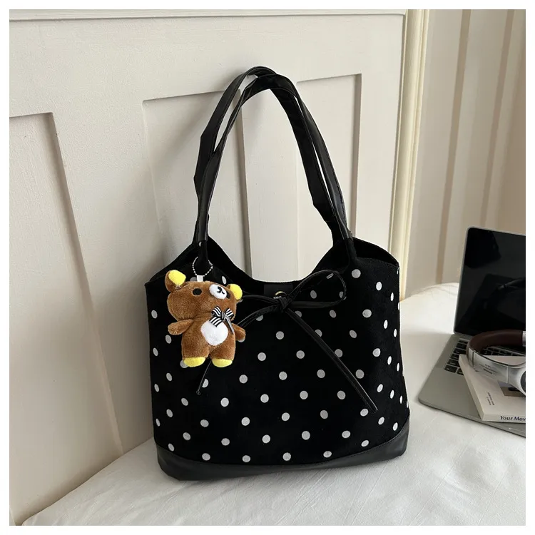 Women’s Suede Polka Dots Tote Bag with Sewing Thread Detail, Single Shoulder Strap, Perfect for Autumn