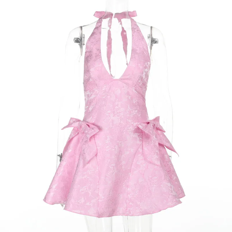 Sexy Sleeveless Halter Neck Party Dress with Bow Tie in Polyester for Banquet