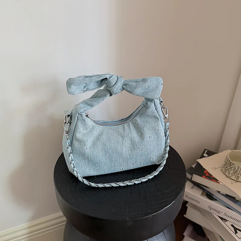 Women’s Denim Square Bow Tie Crossbody Bag with Chain Strap, Stylish and Fashionable
