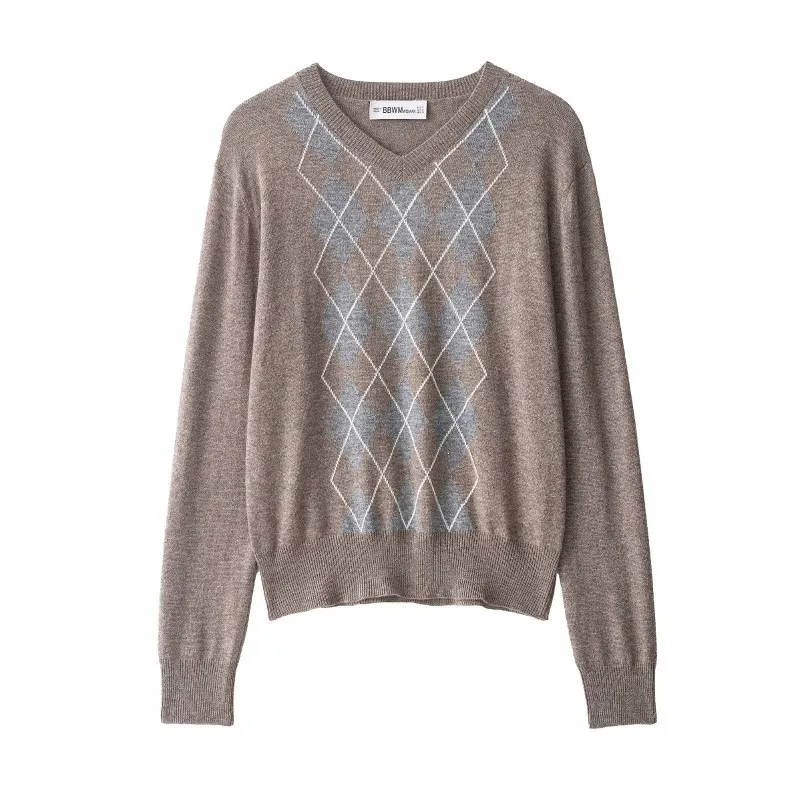 Argyle Knitted Streetwear Long Sleeve Pullover in Polyester for Women