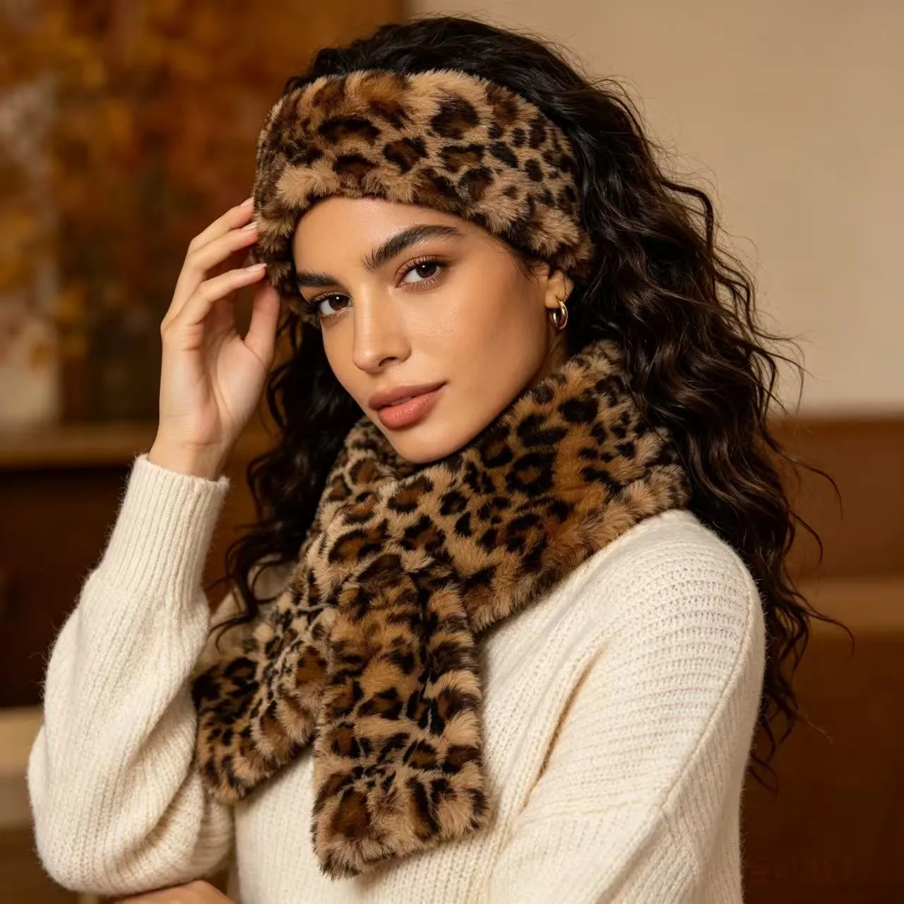 Leopard Print Wool Cap with Ear Wrap Brim, Warm Polyester Plush Adult Hat