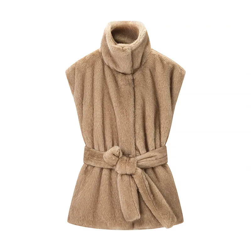 Sexy Sleeveless Women's Vest in Polyester Fabric with 3D Print, Turtleneck, Tie Closure, and Belt Detail