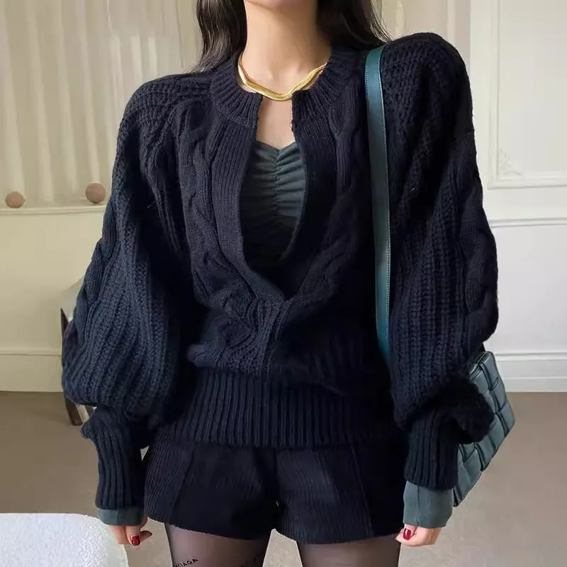 Loose Solid Color Long Sleeve Puff Sleeve Round Neck Pullover Sweater for Women