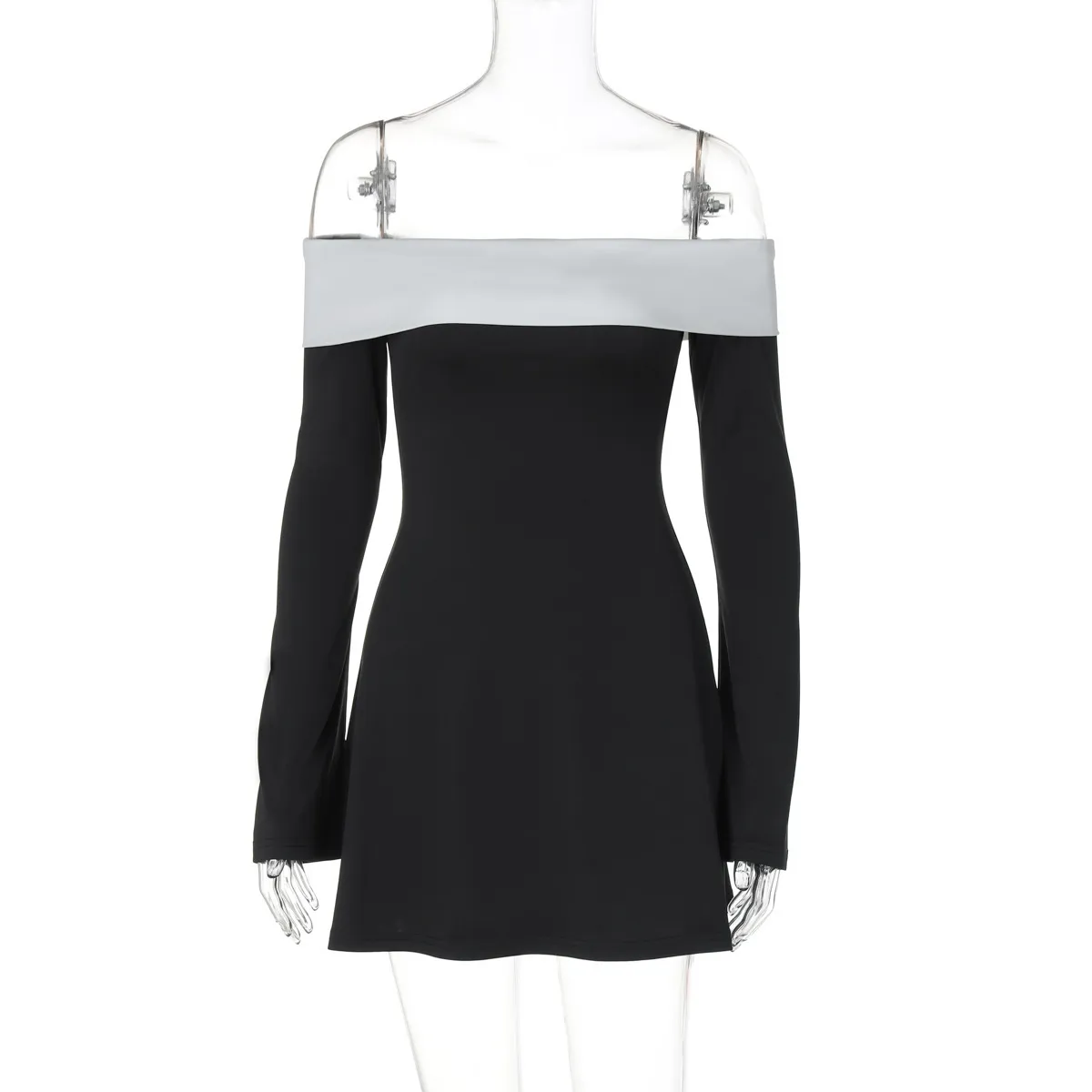 Solid Color A-Line Dress with Long Sleeve Tube Bra Neckline in Elastane Fabric, Perfect for Holiday Streetwear