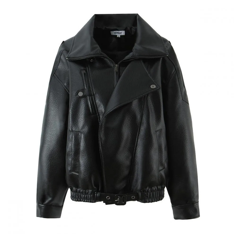 Streetwear Women's PU Leather Jacket with Zipper Placket Lapel Collar Long Sleeve