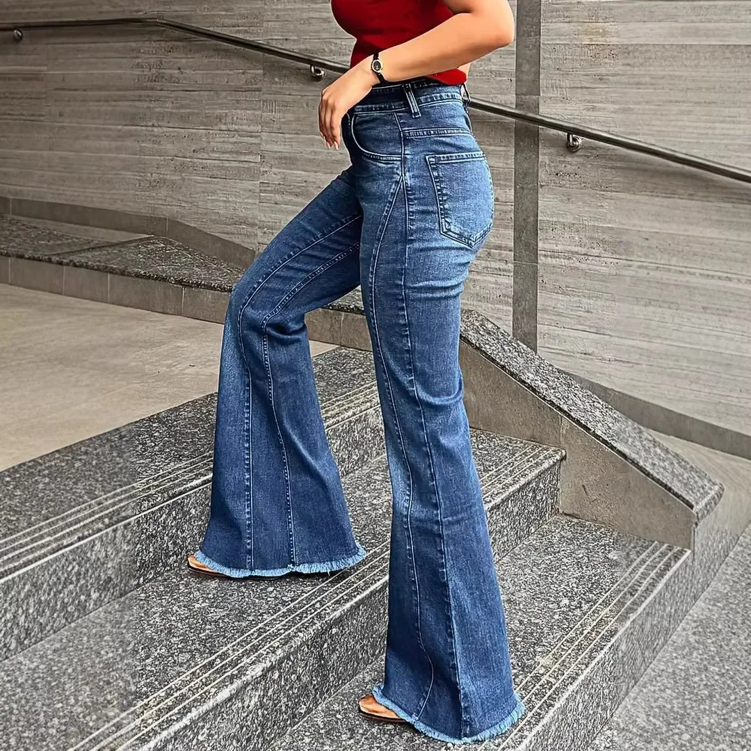 Retro Full Length Flared Pants for Women in Washed Denim Cotton with Micro-Elastic, Perfect for Summer