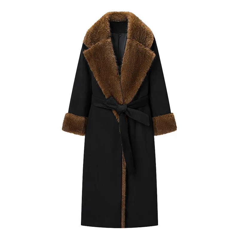 Elegant Women's Woolen Coat with Tie Placket Featuring Polyester Fabric and Functional Pocket