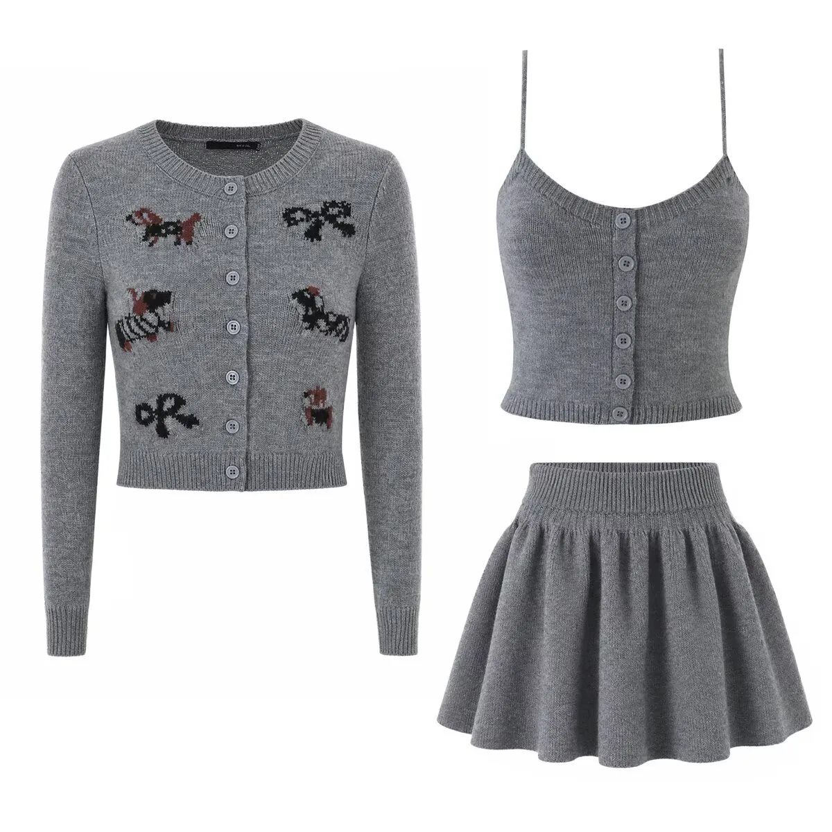 Solid Color Casual Long Sleeve Skirt Co-ord Set in Knitted Fabric with Placket, 3 Pieces Set