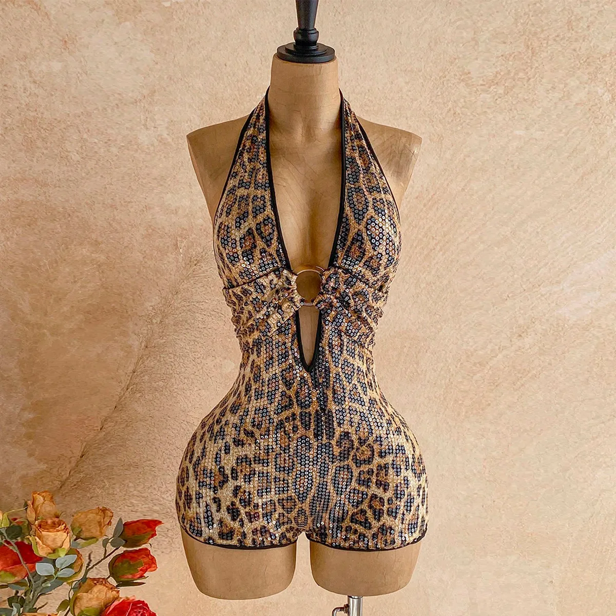 Sexy Leopard Print Rompers Shorts for Nightclub, Featuring Polyester Fabric with Sequins Detail