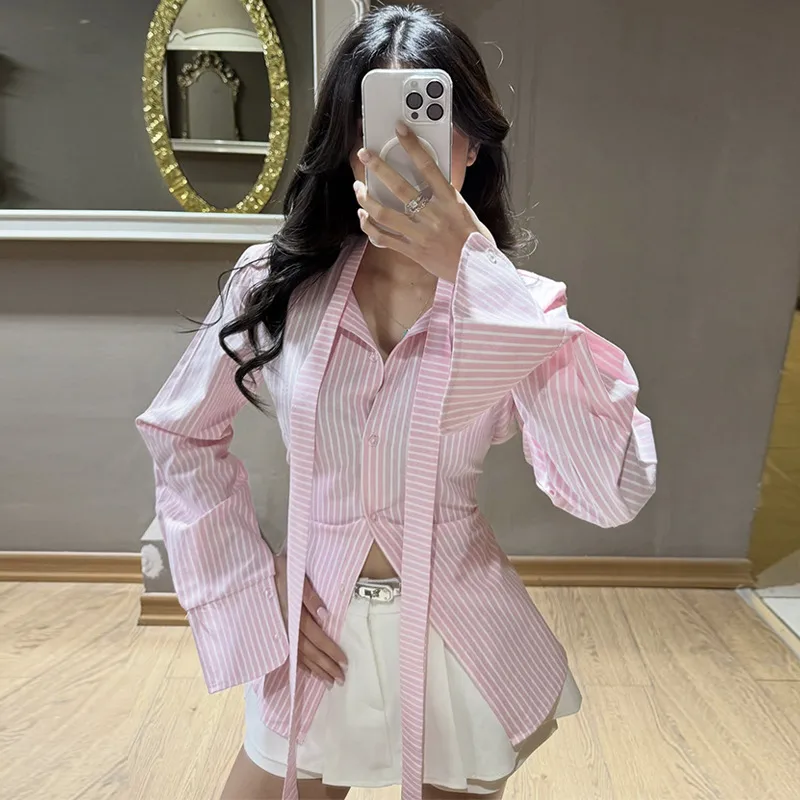 Sexy Stripe Long Sleeve Polyester Shirt for Women with Single Breasted Closure and Lapel Collar