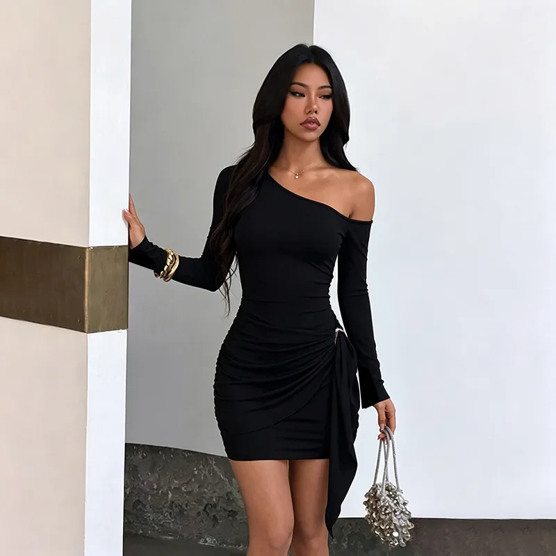 Solid Color Bodycon Dress with Long Sleeve and Oblique Collar in Polyester for Casual Occasion