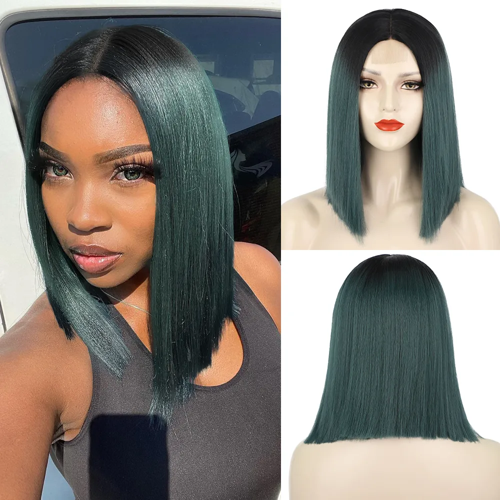 Women's Short Straight Front Lace Wig with Gradient Color for Casual Home Use