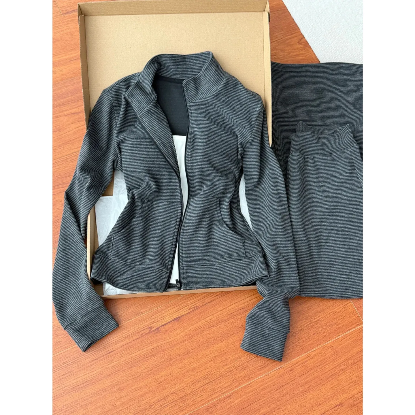 Stripe Casual Long Sleeve Sweatshirt & Hoodie Co-ord Set in Polyester featuring Zipper and Raglan Sleeve
