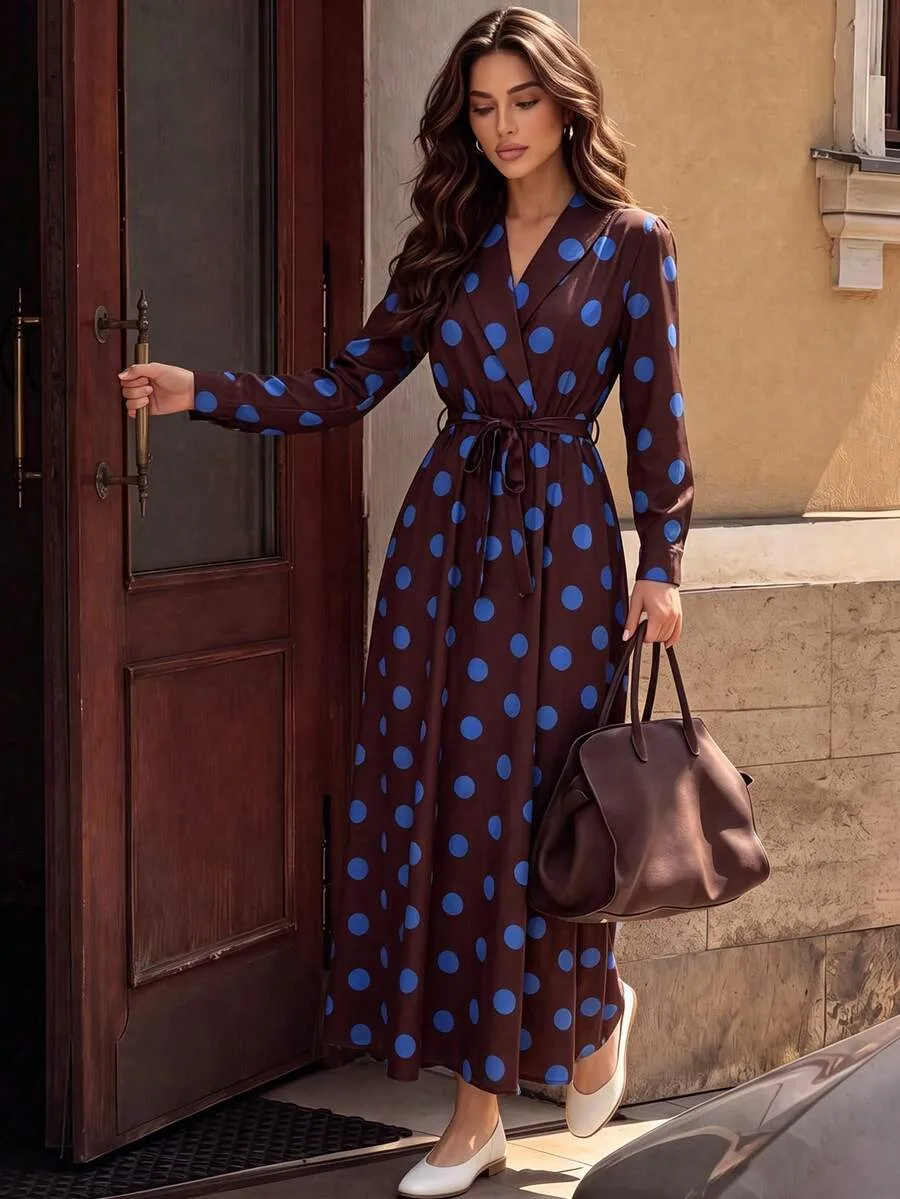 Elegant Polka Dot Dress with V Neck and Long Sleeve, Polyester Maxi Long Dress