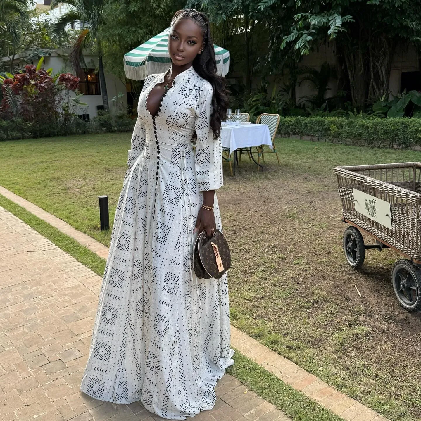 Elegant Geometric Maxi Long Dress with Long Sleeve and Standing Collar in Polyester Fabric
