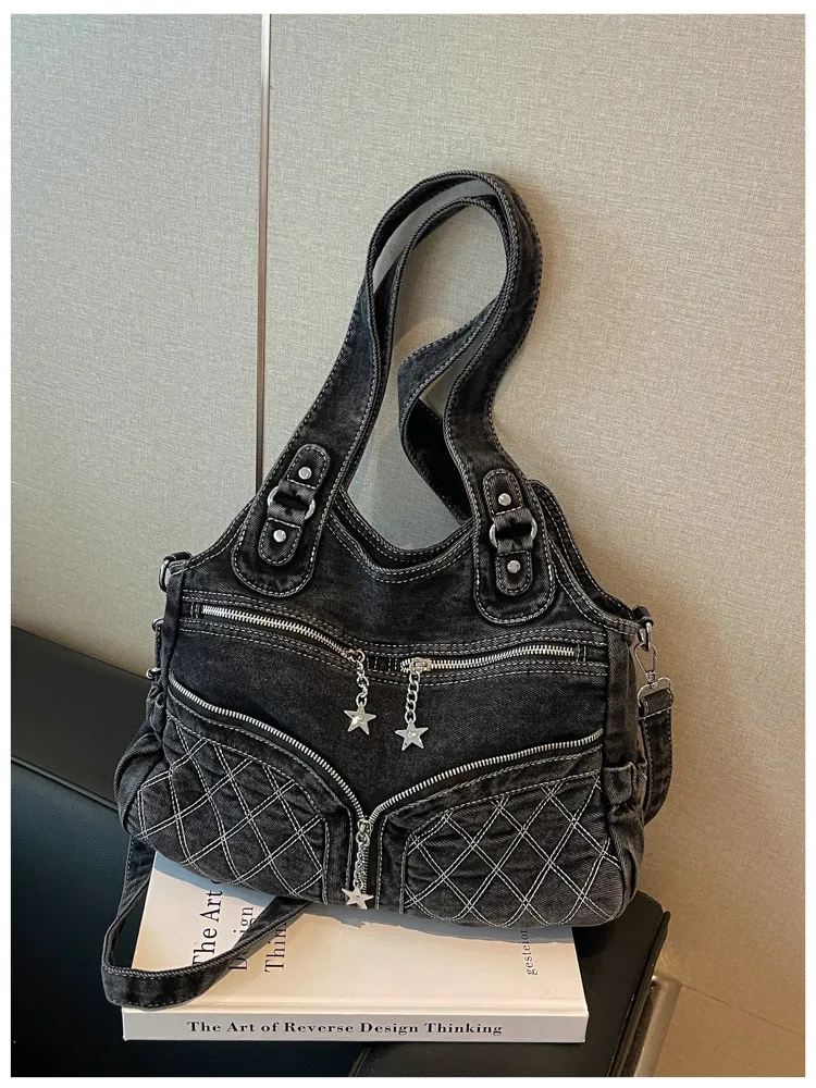 Women’s Solid Color Denim Tote Bag in Square Shape with Single Shoulder Strap and Spacious Capacity