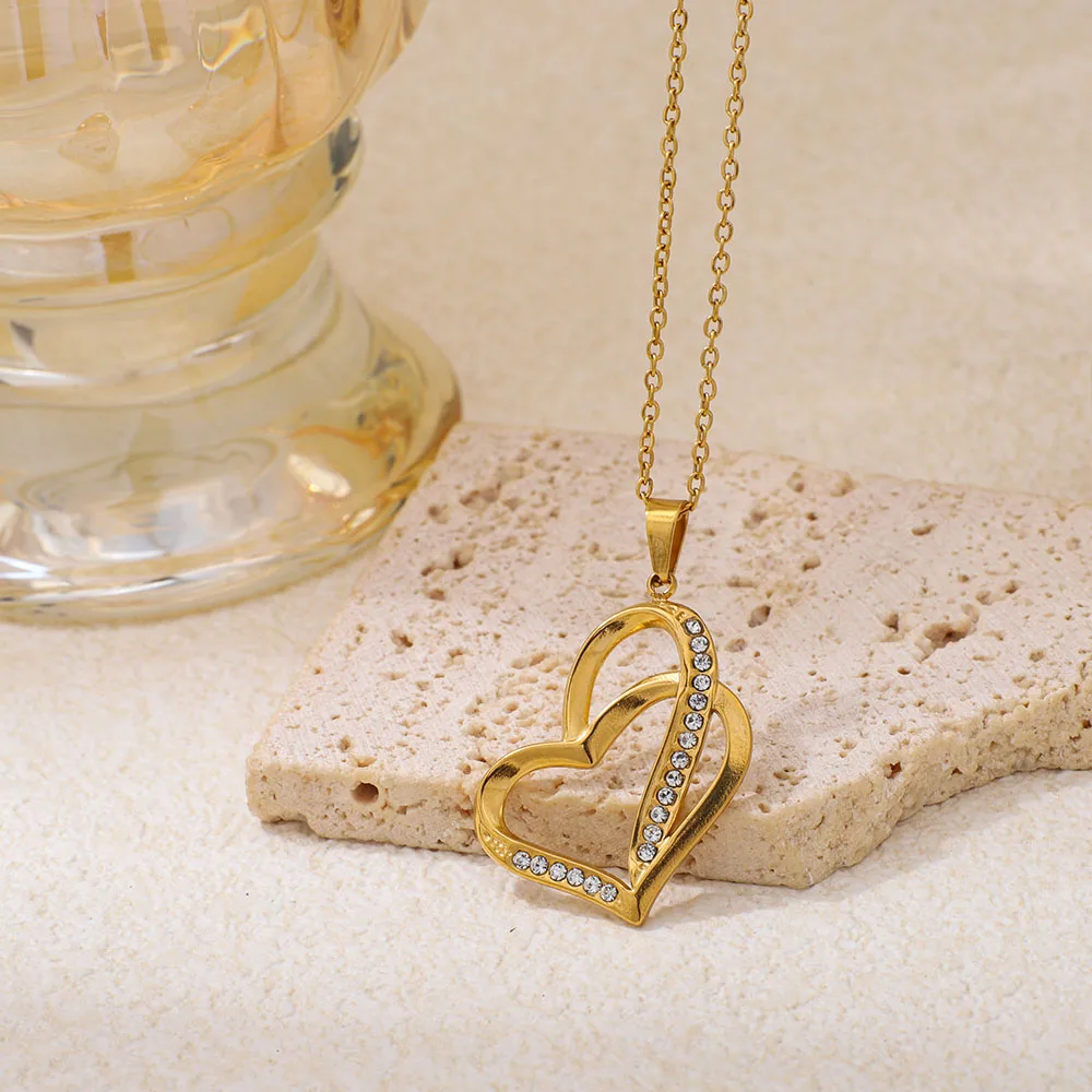 Heart Shape Pendant Necklace For Women in 304 Stainless Steel with 18K Real Gold Plated Coating 0.03µm and Rhinestones on Cable Chain