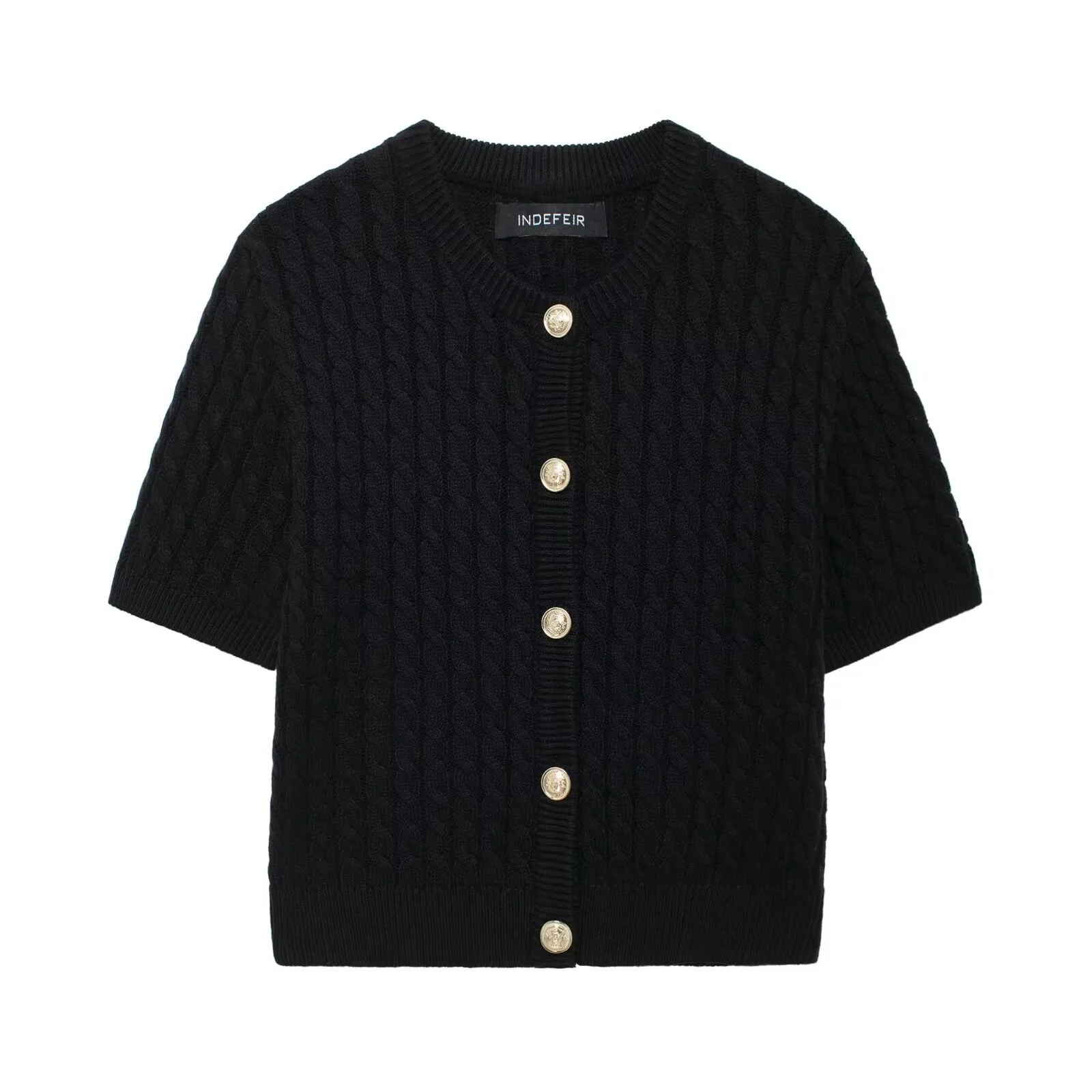 Solid Color Short Sleeve Streetwear Knitted Polyester Women's Sweater with Single Breasted Design