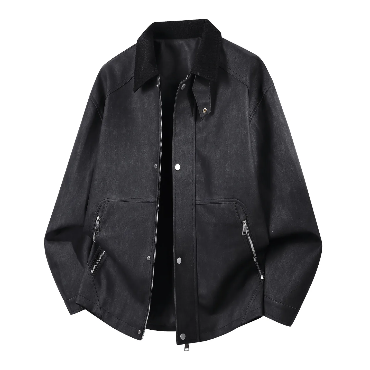 Men's Printed PU Jacket with Lapel Collar in Dyed Black, Stylish Outerwear