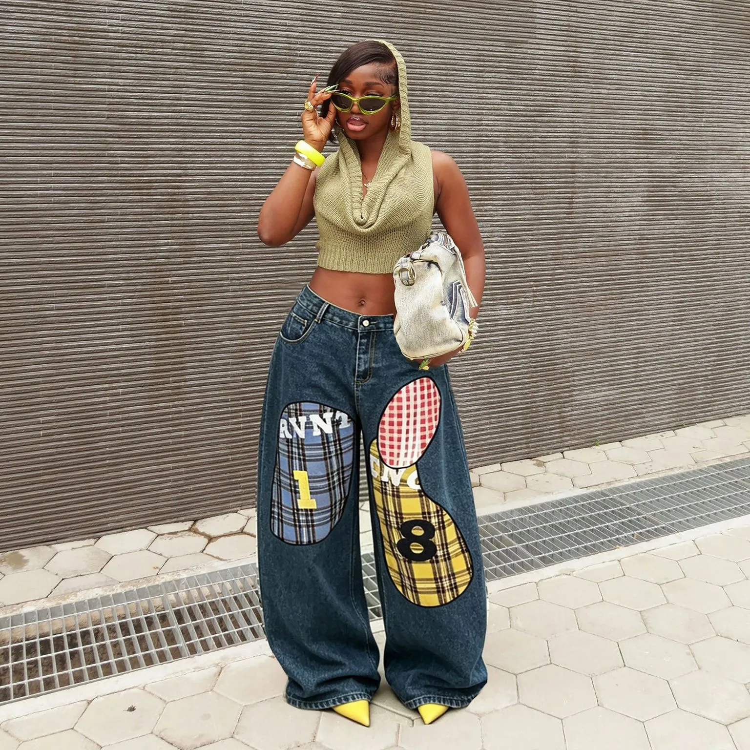 Plaid Full Length Denim Cotton Jeans for Women in Streetwear Style with Embroidery, Inelastic Fabric