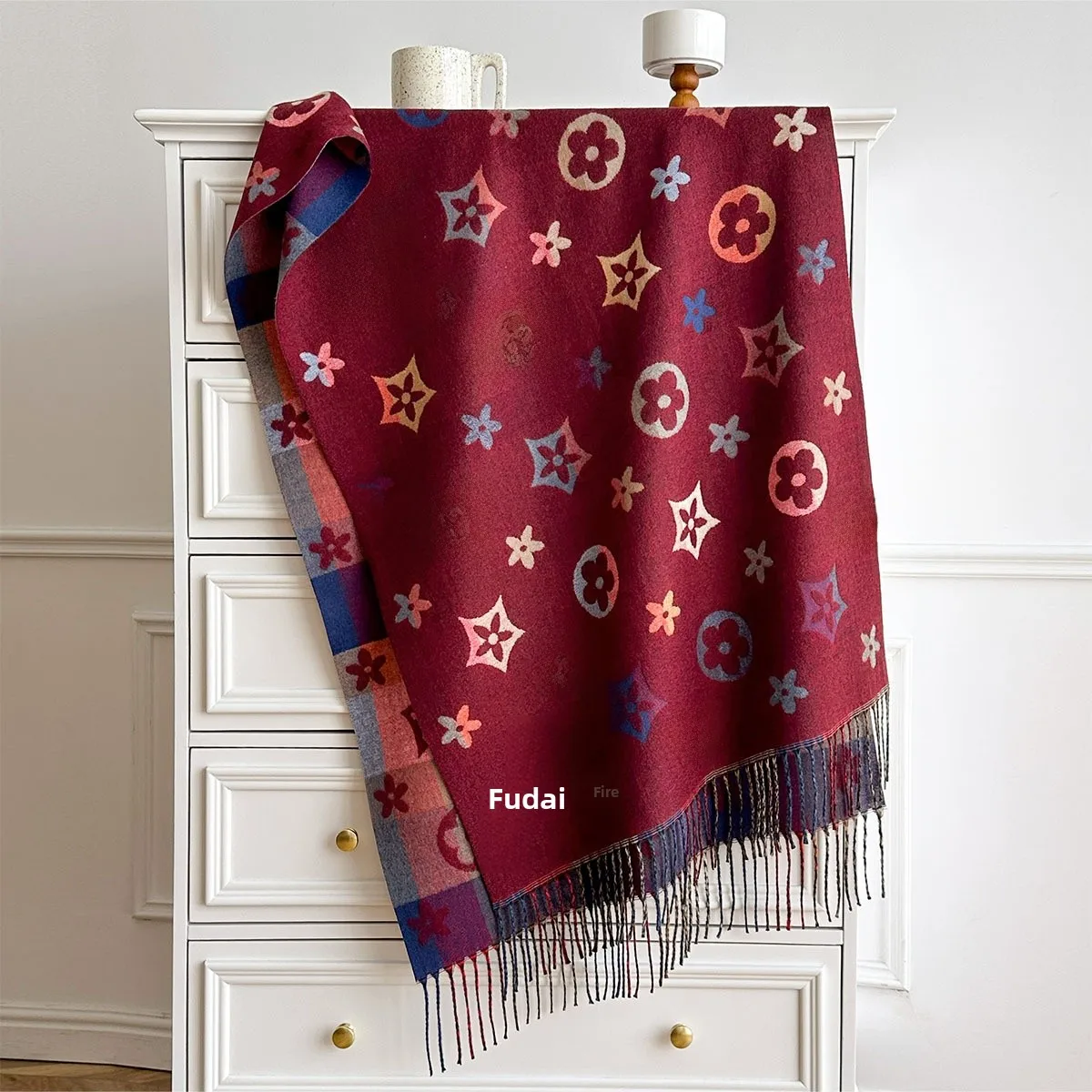 Women’s Red Imitation Cashmere Scarf with Flowers Pattern, Perfect for Autumn