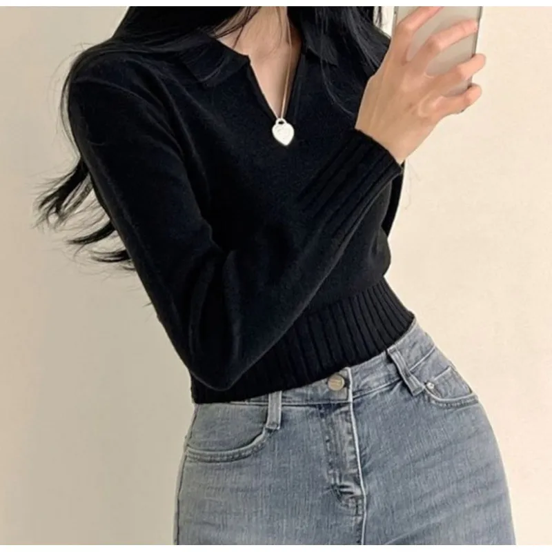 Women's Slim Fit Dark Grey Solid Long Sleeve Viscose Pullover Sweater with Shirt Collar for Business Commute