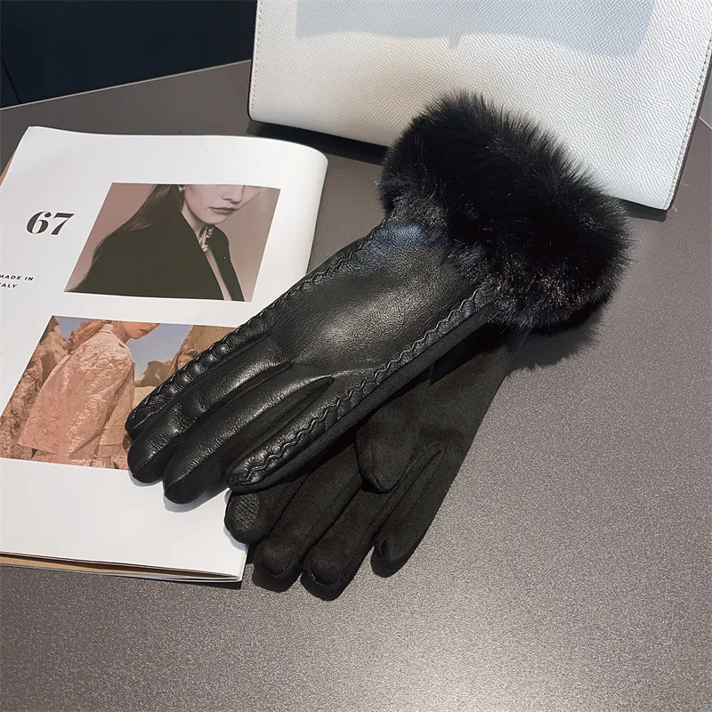 Luxury Suede Winter Gloves with Fox Fur and Fleece Lining for Unisex Cold Weather Cycling