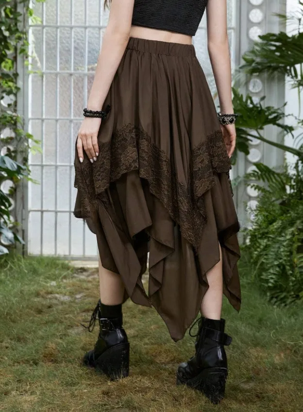 Lace Floral Gothic Midi Dress with Irregular Skirt