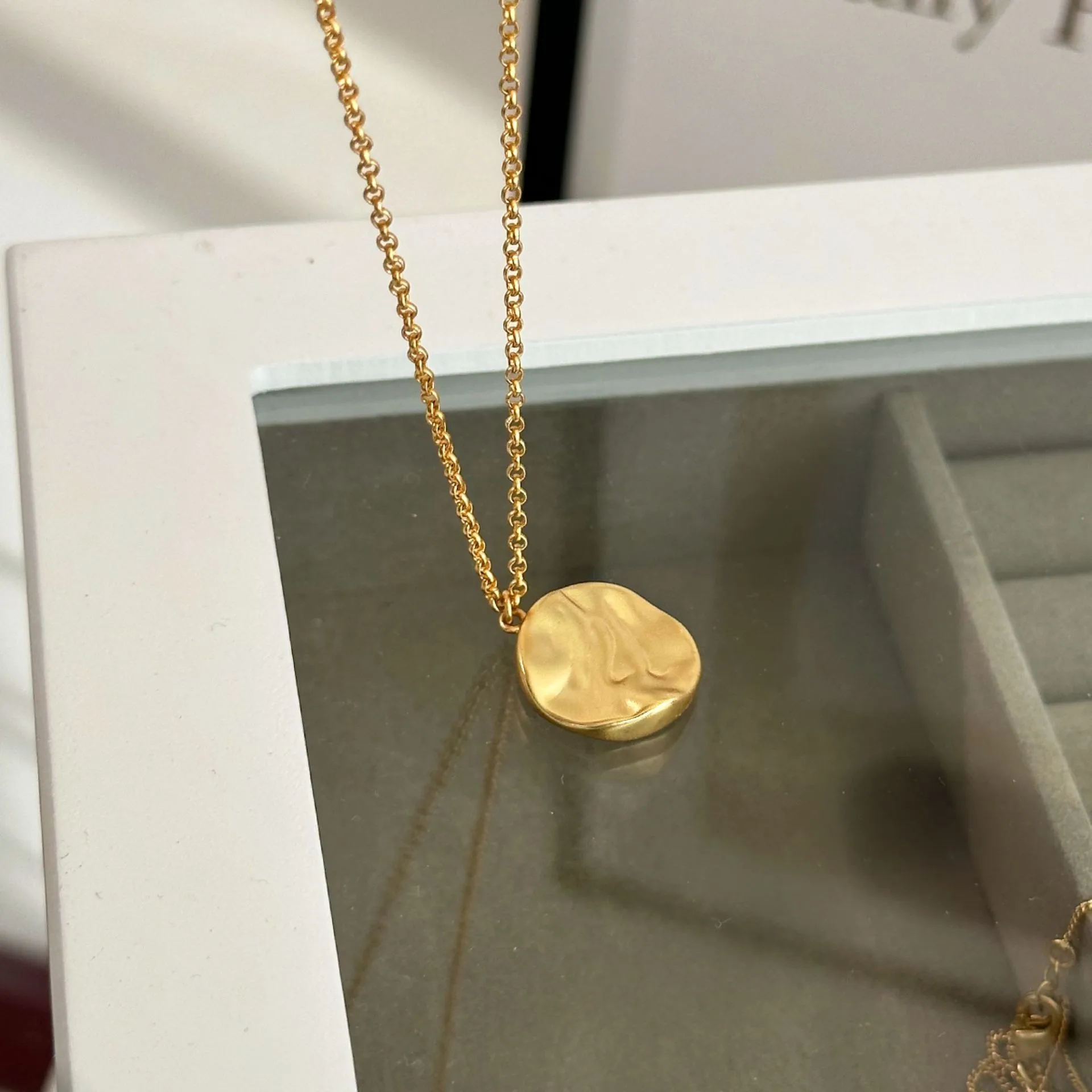 Gold Geometric Circle Necklace for Women Simple Style Copper Pendant Sweater Chain