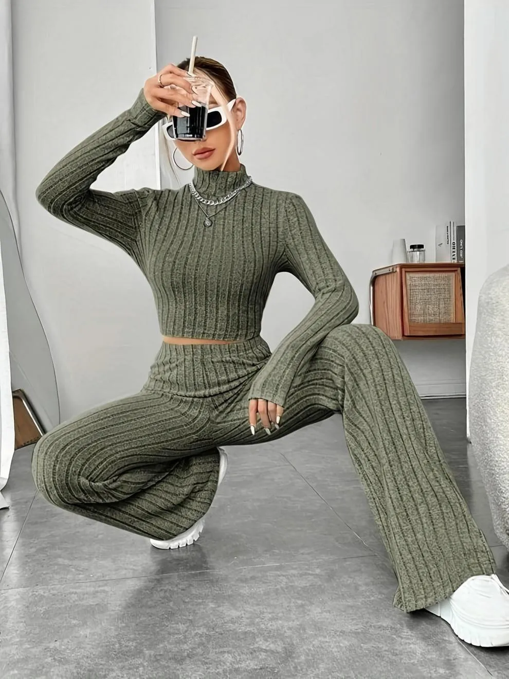 Women’s Stripe Pant Co-ord Set in Polyester with Turtleneck, Streetwear Style for Daily Wear, 2 Pieces Set
